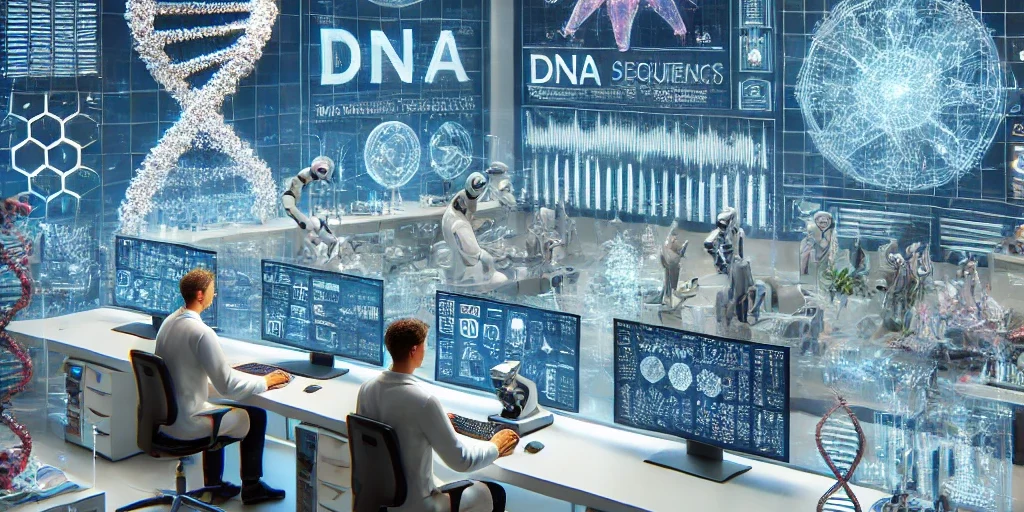 DALL·E 2024-08-09 11.39.50 – A high-tech bioinformatics laboratory setting with scientists working on computer systems analyzing genetic data and complex biological information. T