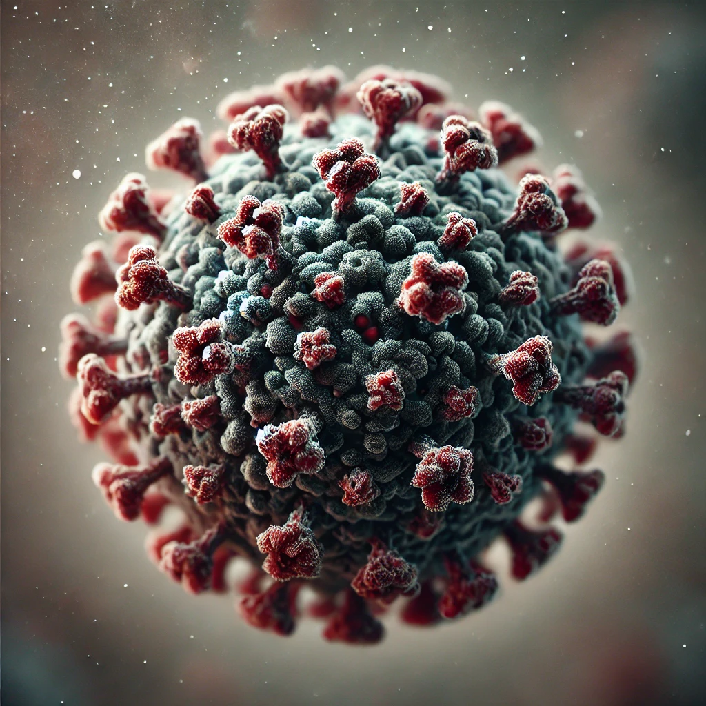 DALL·E 2024-08-24 19.41.35 – A realistic representation of a virus particle, focusing on its detailed, spiky structure. The image should capture the biological and microscopic app