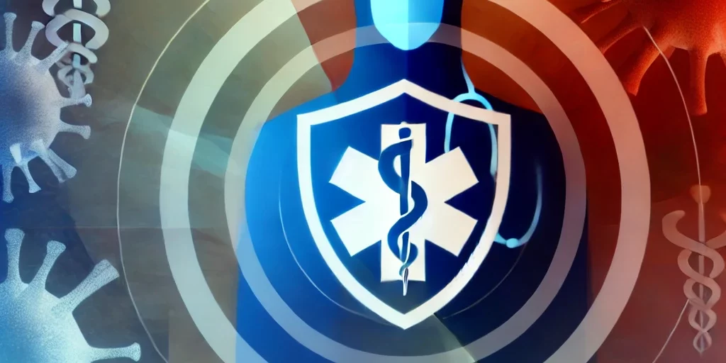 DALL·E 2024-08-24 19.56.34 – An abstract representation of healthcare and disease, focusing on the concept of protection and medical care. The image could feature symbolic element