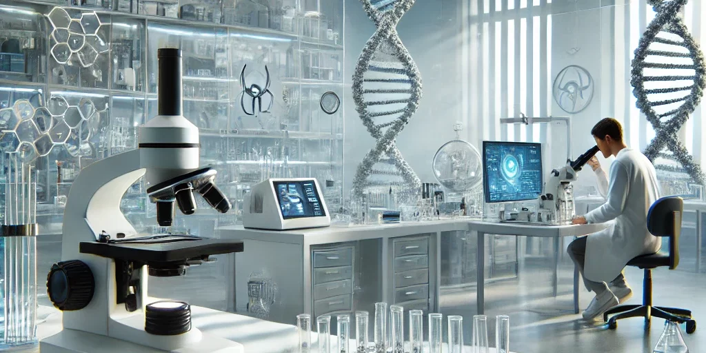 DALL·E 2024-08-24 20.53.38 – A realistic depiction of a modern laboratory focusing on CRISPR technology. The image should include a scientist working with DNA samples under a micr
