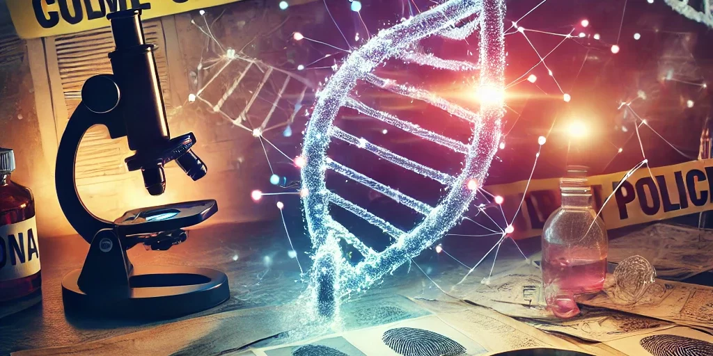 DALL·E 2024-08-27 12.33.32 – An image representing cold case investigations using forensic biology. The scene features a DNA strand glowing against a background of old, faded poli